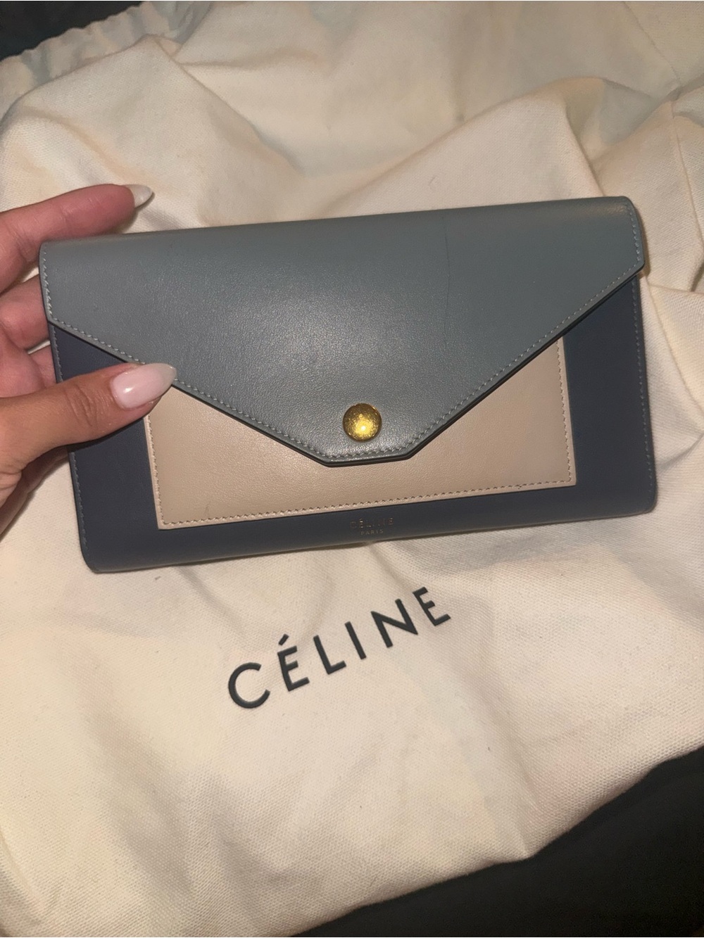 Tricolor Leather Envelope Wallet - Blue, Gray & Beige